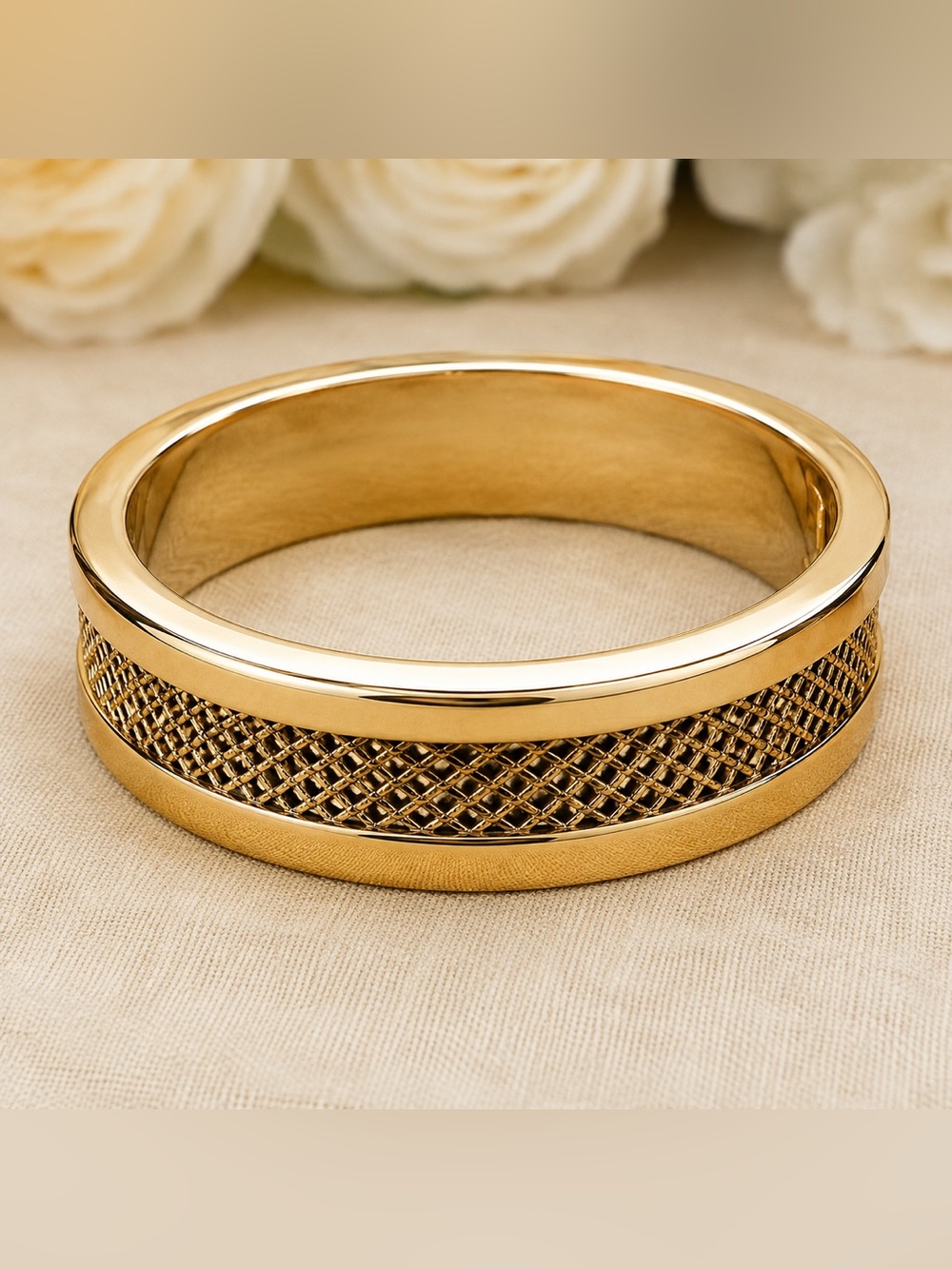 Burberry Gold Tone Textured Statement Bangle Bracelet w/ original Burberry Pouch